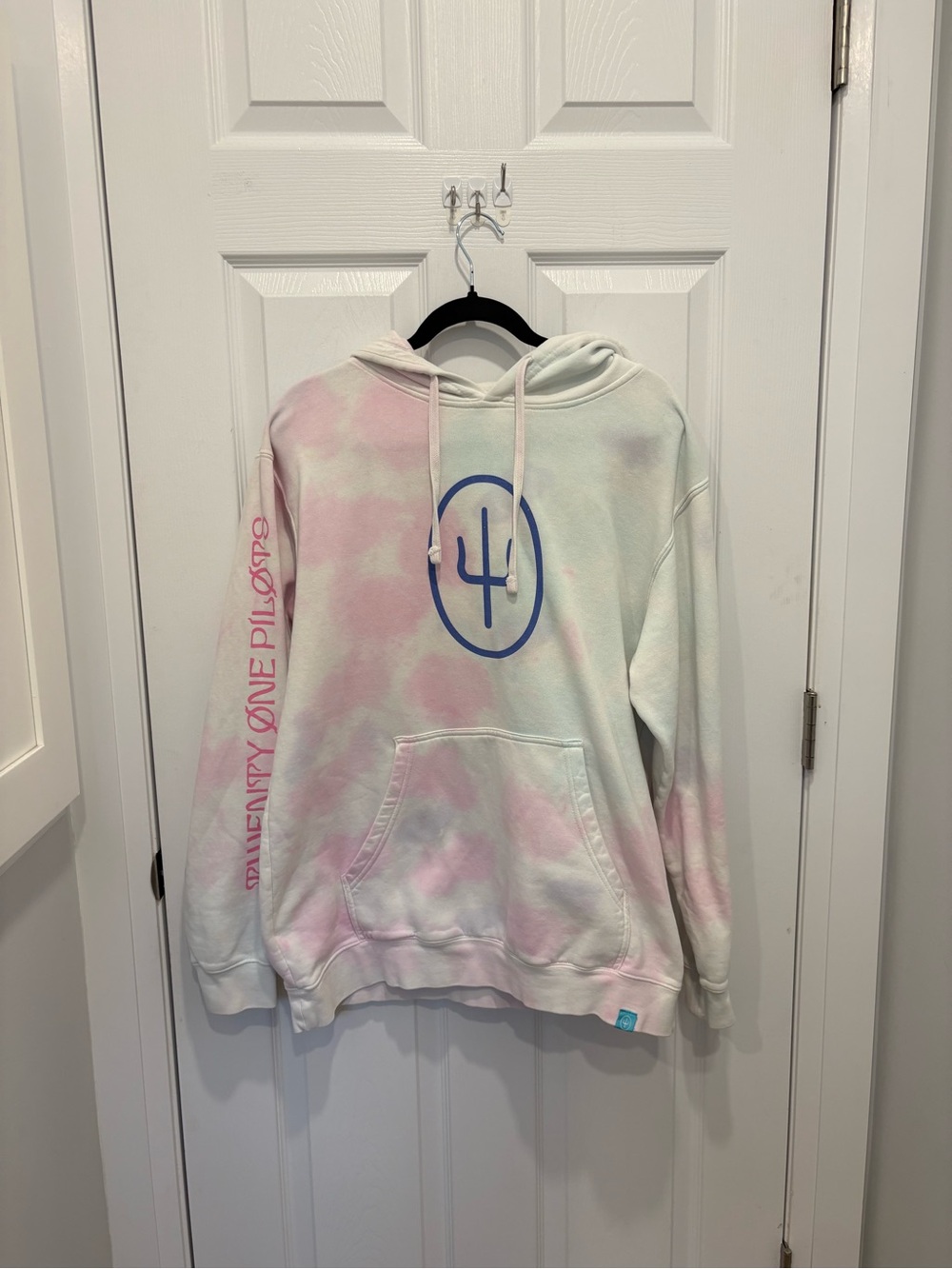 Pastel Tie-Dye Pullover Hoodie with Blue Logo - Pink & White